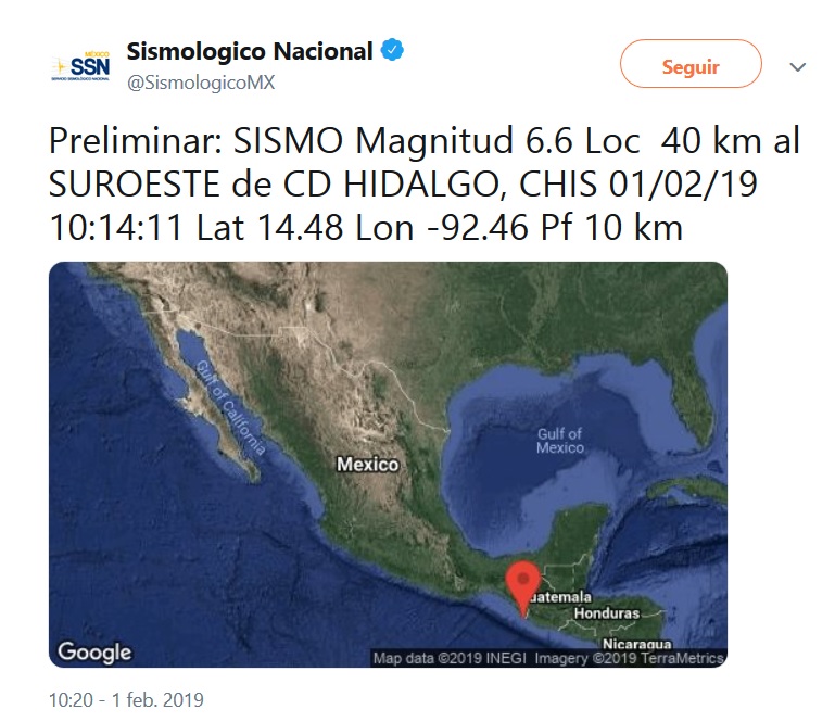 Sismo en Chiapas hace unos minutos