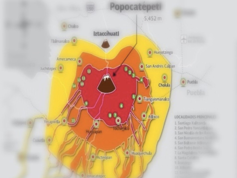 Conoce el mapa de peligrosidad del Popocatépetl